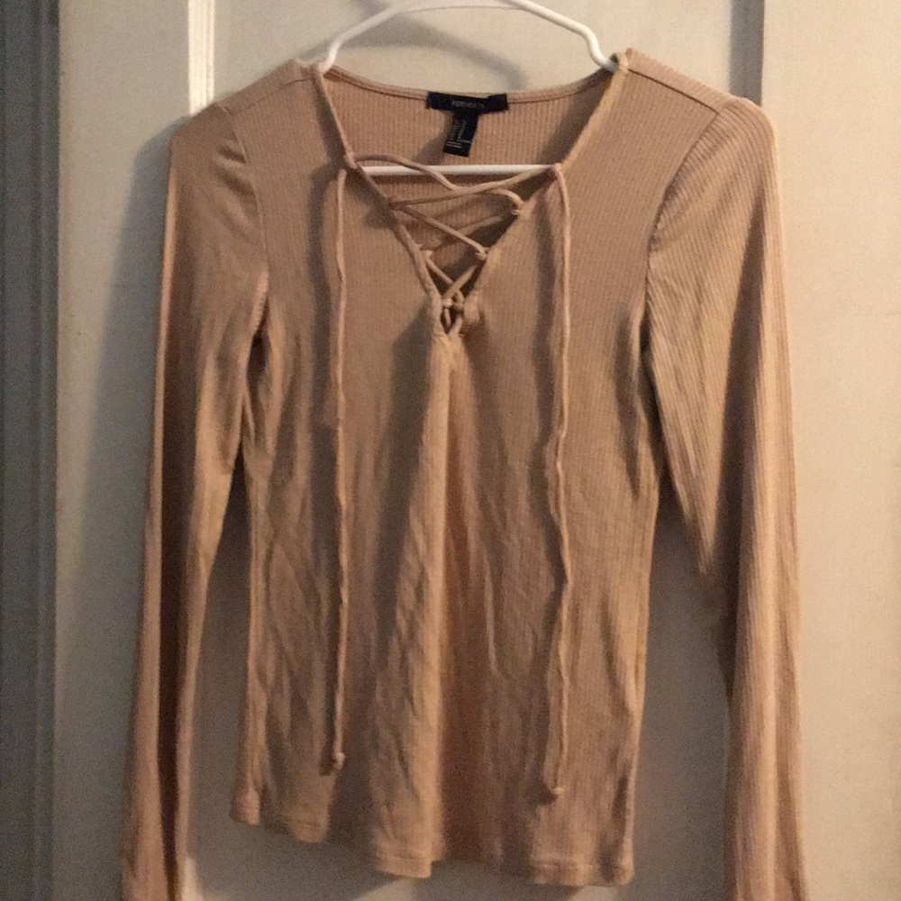 Forever 21 tan ribbed lace up shirt, size medium